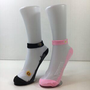 Womens Colorful Mesh Ankle Socks 2 Pairs Happy Smiles & Daisies Black Pink